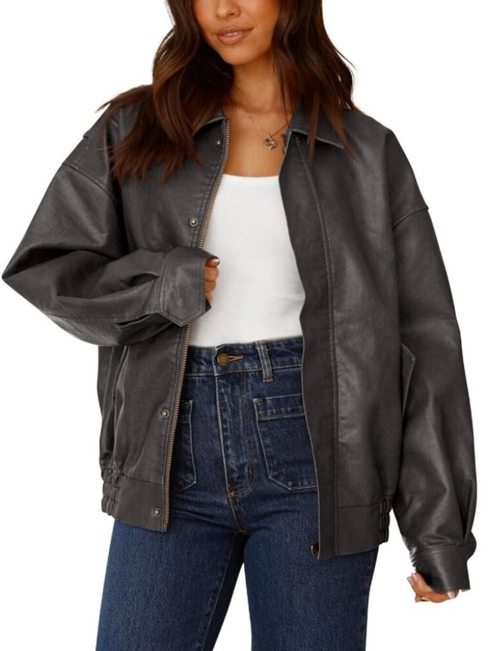 Women's Faux Leather Motorcycle Jacket Zip Up Oversized Fall Spring Winter Coat